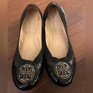 Tory Burch Black Patent Leather Packable Flats, 8M